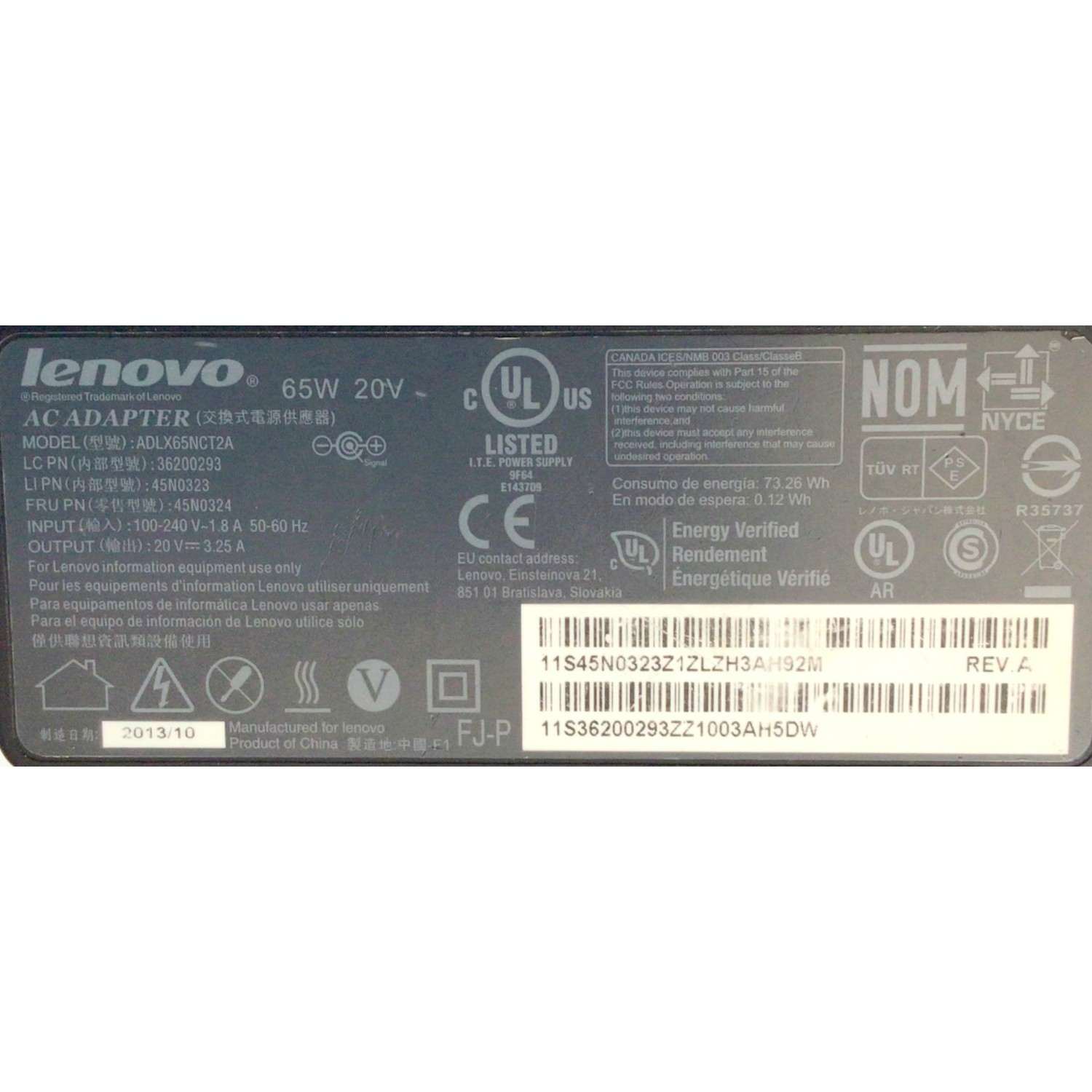 CARGADOR / ADAPTADOR DE FUENTE DE ALIMENTACION LENOVO / NUMERO DE PARTE ADLX65NCT2A / 36200293 / 45N0323 / 45N0324 / 73.26WH / 0.12WH / ENTRADA VCA 100-240V~1.8A / 50-60HZ / SALIDA VCD 20V⎓3.25A / MODELO ADLX65NCT2A - Imagen 2